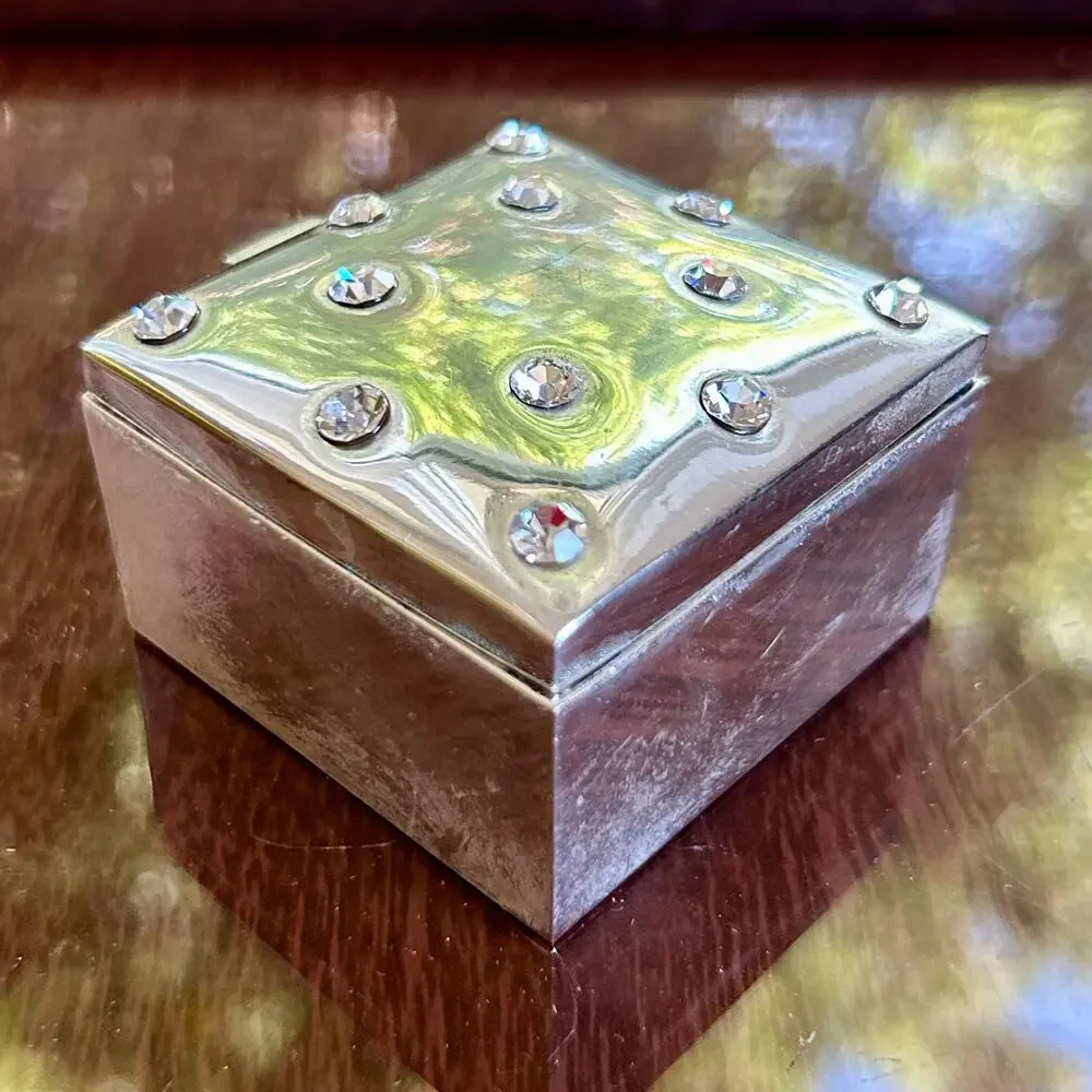 Vintage Silver Plated Rhinestone Studded Trinket Box – 2” Square Jewelry Box
